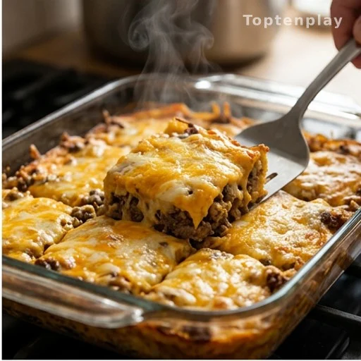 Golden baked beef crescent casserole cut into squares in a glass dish