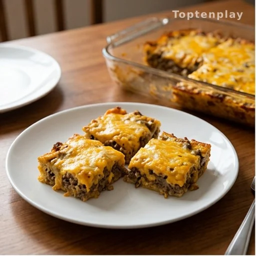 Budget-friendly beef crescent casserole squares served on a plate at a family dinner table