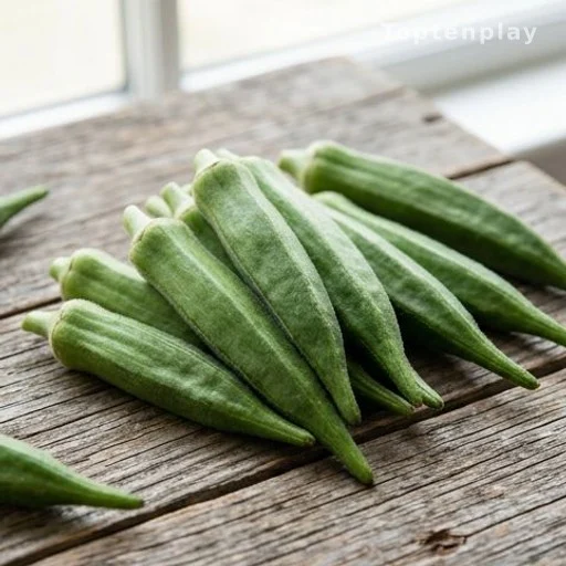 Fresh okra pods rich in fiber and antioxidants on a wooden surface