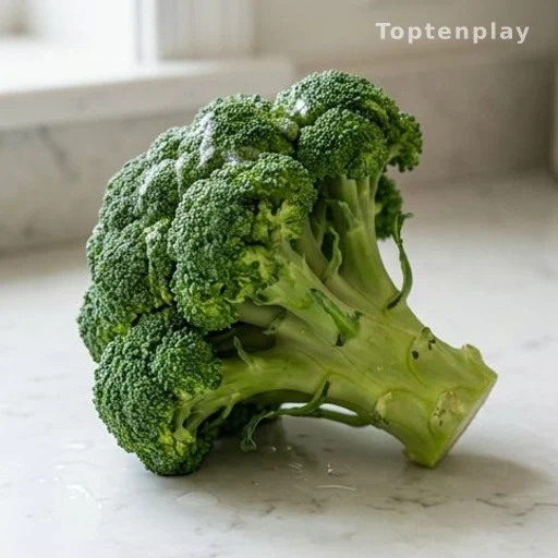 Fresh broccoli head on a kitchen counter, source of sulforaphane and vitamin C
