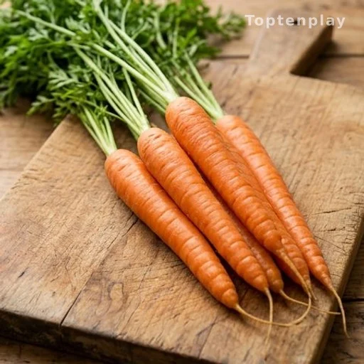 Fresh whole carrots on a cutting board, high in beta-carotene and vitamin A