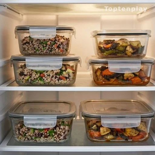 Sealed glass containers of cooked leftovers on a refrigerator shelf