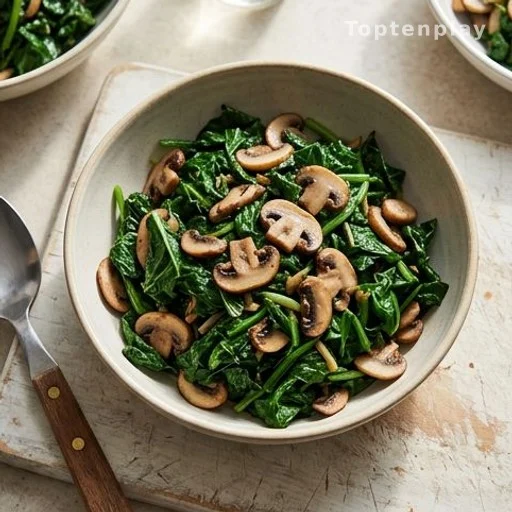 Bowl of cooked leafy greens and mushrooms on a kitchen counter