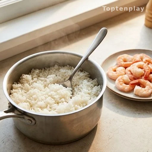 Cooked white rice and shrimp on a kitchen worktop