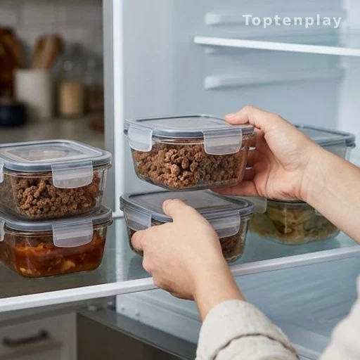 Small airtight containers of cooked meat portions being stored in a refrigerator