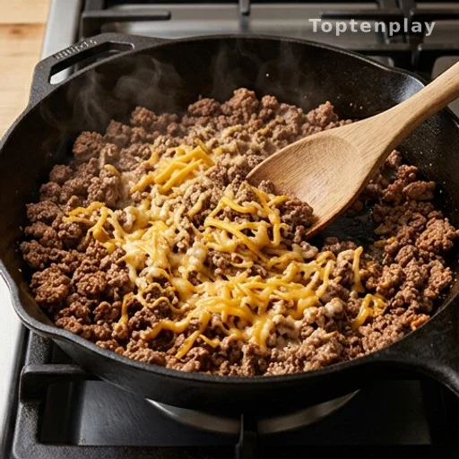 Seasoned ground beef and melted cheese filling cooking in a skillet