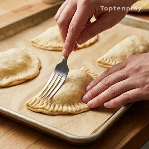 Sealing crescent dough taco pockets with a fork before baking