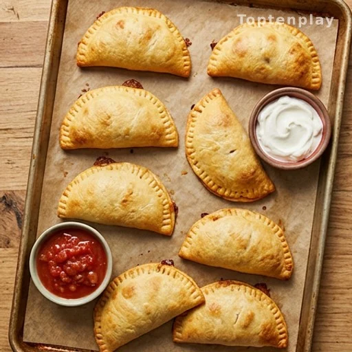 Golden baked cheesy beef taco pockets on a baking sheet with dipping sauces