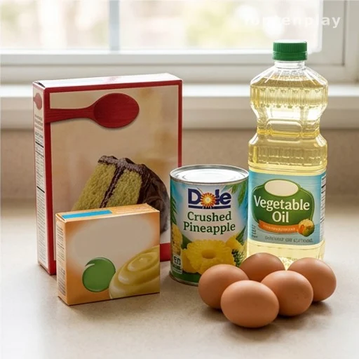 Five pantry ingredients for pistachio pineapple cake laid out on a counter