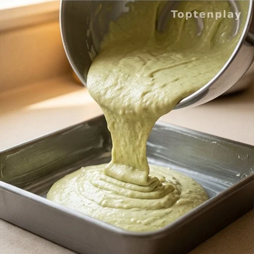 Green pistachio pineapple cake batter poured into a greased baking dish