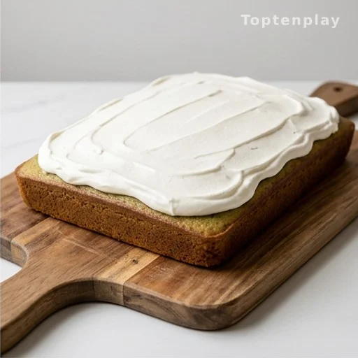 Pistachio pineapple cake covered with white whipped topping on a wooden board