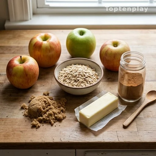 Five baking ingredients for a budget-friendly slow cooker apple dessert laid on a wooden counter