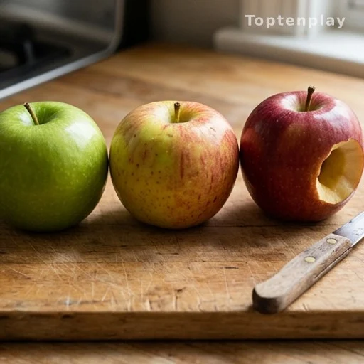 Three baking apple varieties on a cutting board, one cored, for a slow cooker dessert recipe