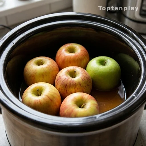 Six cored apples standing upright inside a slow cooker with liquid at the base
