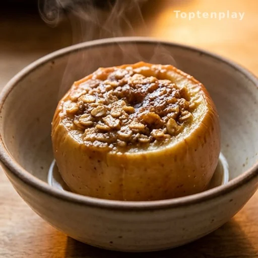 Slow cooker baked apple with oat crumble filling in a ceramic bowl, easy comfort food dessert