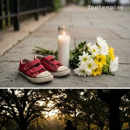 Children's shoes beside candles and flowers at a community memorial for a child