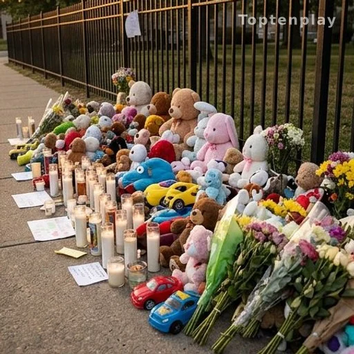Stuffed animals, candles, and flowers left at a child safety memorial tribute