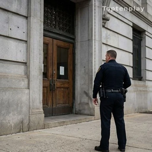 Law enforcement officer outside public building during active child death investigation
