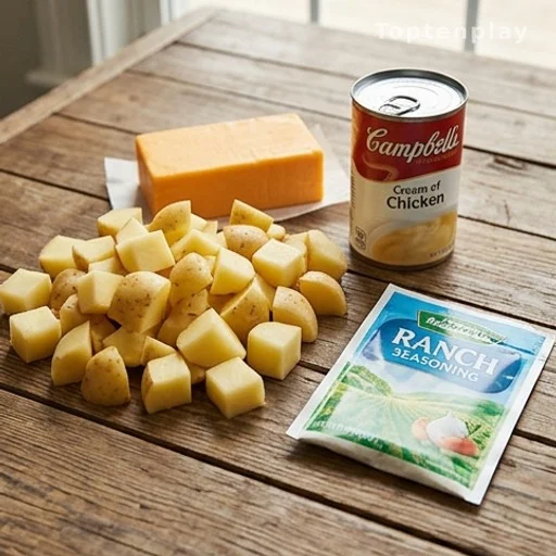 Six budget-friendly ingredients for a slow cooker ranch potato bake laid out on a wooden surface