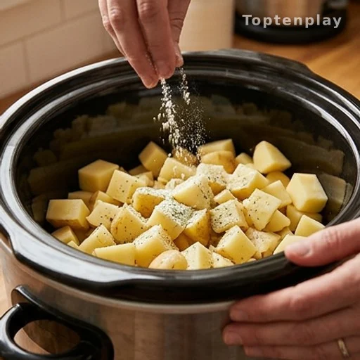 Cubed potatoes being seasoned with ranch mix inside a slow cooker