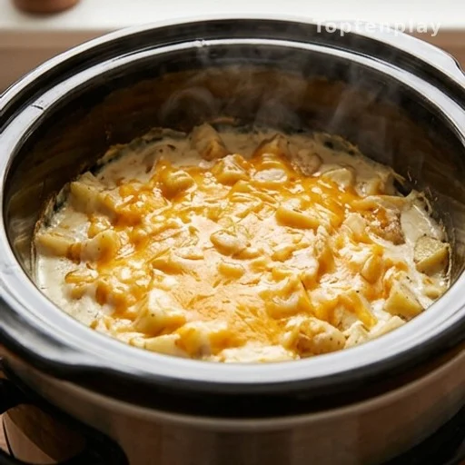 Creamy cheddar ranch potato bake cooking inside a slow cooker