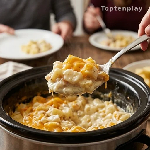 Slow cooker ranch potato bake being served at a potluck or holiday dinner
