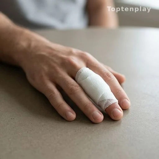 Bandaged finger wound illustrating slow healing associated with high blood sugar