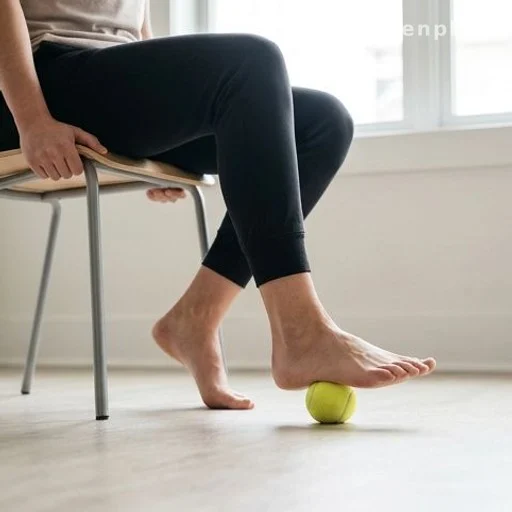 Person rolling tennis ball under foot arch for plantar fasciitis relief