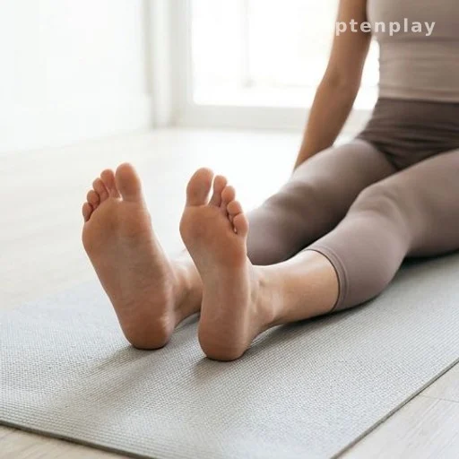 Person performing foot flex exercise on yoga mat for foot strengthening