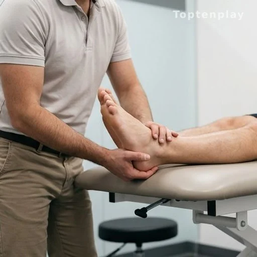 Physical therapist examining patient foot in clinical setting