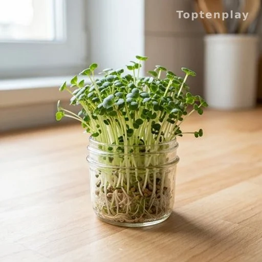 Fresh broccoli sprouts in a jar, rich source of sulforaphane for cancer prevention