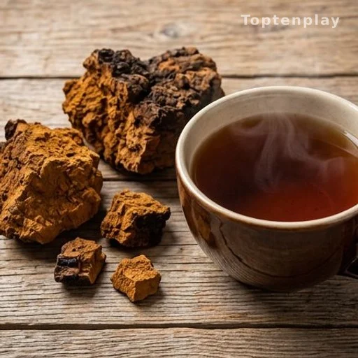 Chaga mushroom pieces and medicinal mushroom tea on a wooden table