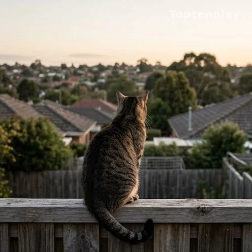 Cat perched on a garden fence looking out over rooftops at dusk