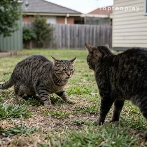 Two cats in a tense standoff in a suburban garden