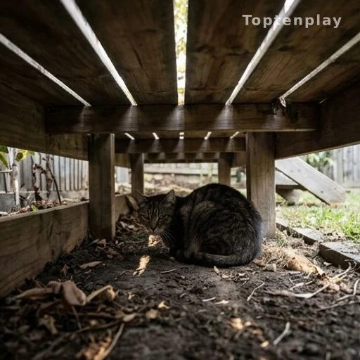 Cat hiding under a wooden garden deck in shadow