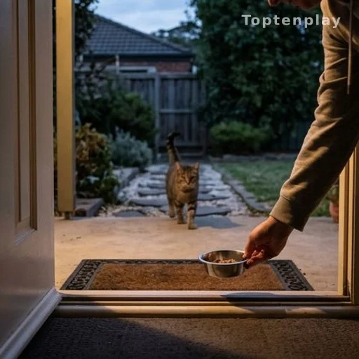 Hand setting a food bowl on a doorstep as a cat approaches