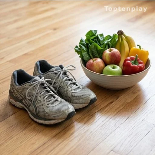 Heart-healthy lifestyle items: exercise shoes and nutritious food for heart disease prevention