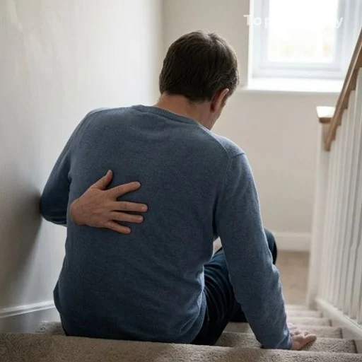 Person on stairs showing signs of chest discomfort and fatigue before a cardiac event