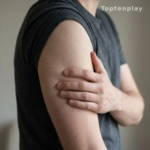 Person holding left arm and shoulder, illustrating radiating pain linked to heart warning signs