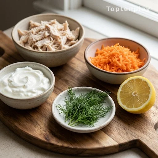 Five ingredients for a healthy chicken and carrot spread laid out on a wooden board