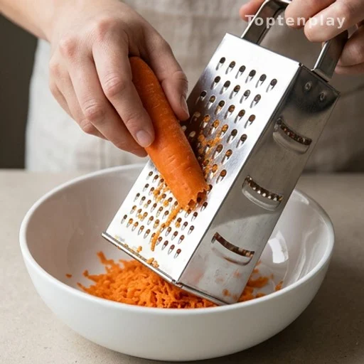 Hands grating carrot finely for a gluten-free chicken spread recipe