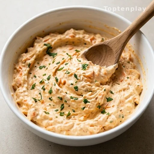 Creamy chicken carrot spread being mixed in a bowl for a high protein meal prep