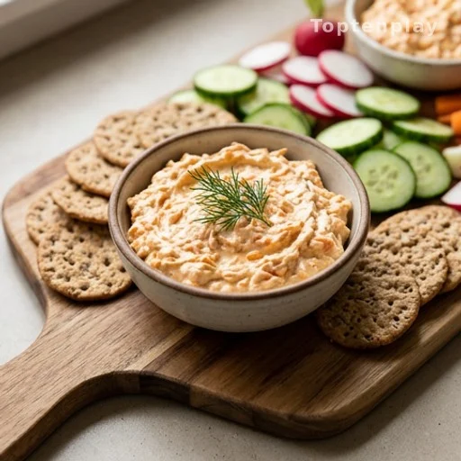 Chicken and carrot spread served on crackers and vegetables as a gluten-free budget meal
