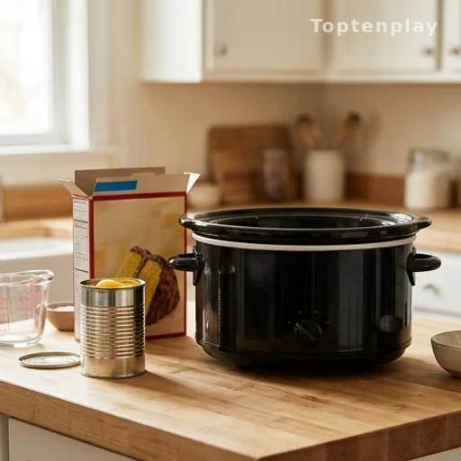 Slow cooker beside canned peaches and cake mix box for budget dessert recipe