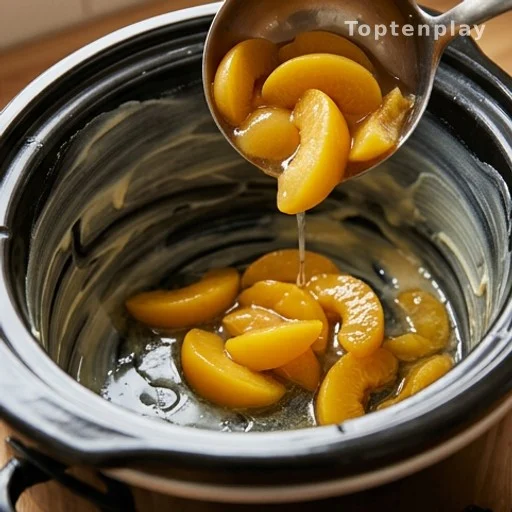 Canned peach slices with syrup poured into a greased slow cooker insert
