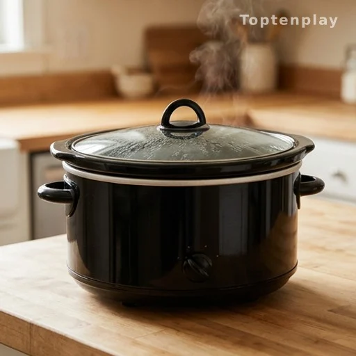 Slow cooker with lid on, steam rising during cooking process