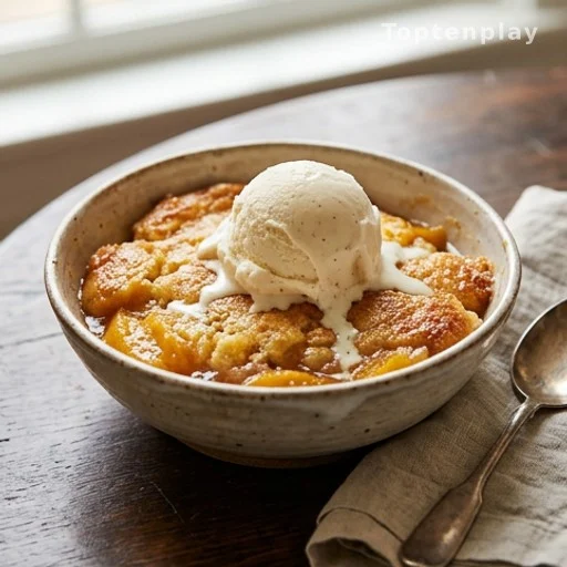 Bowl of warm slow cooker peach cobbler with vanilla ice cream, budget comfort dessert