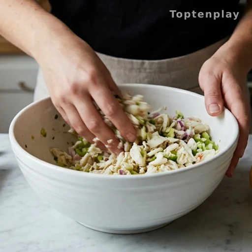 Hands mixing crab salad in a bowl, quick no-cook healthy lunch preparation