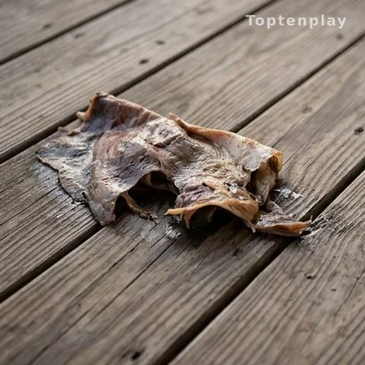 Torn wet animal remains lying on a residential wooden porch at dawn