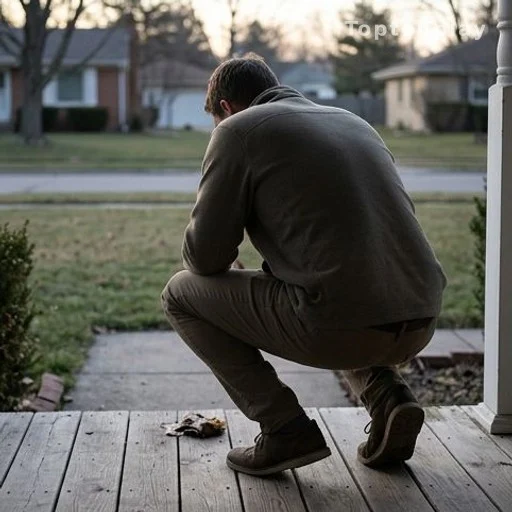 Homeowner seen from behind examining porch ground for animal tracks or clues